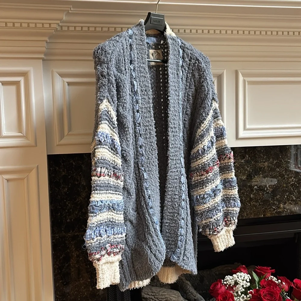 Care Free People Life's Purpose knit woven ribbon trimmed cardigan sweater sz.XS
